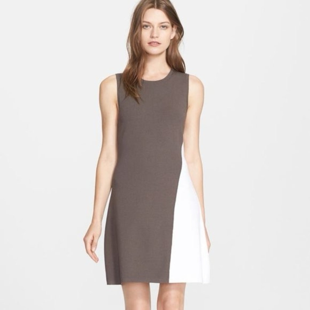 Theory Branteen colorblock shift dress in a brown/grey and cream color